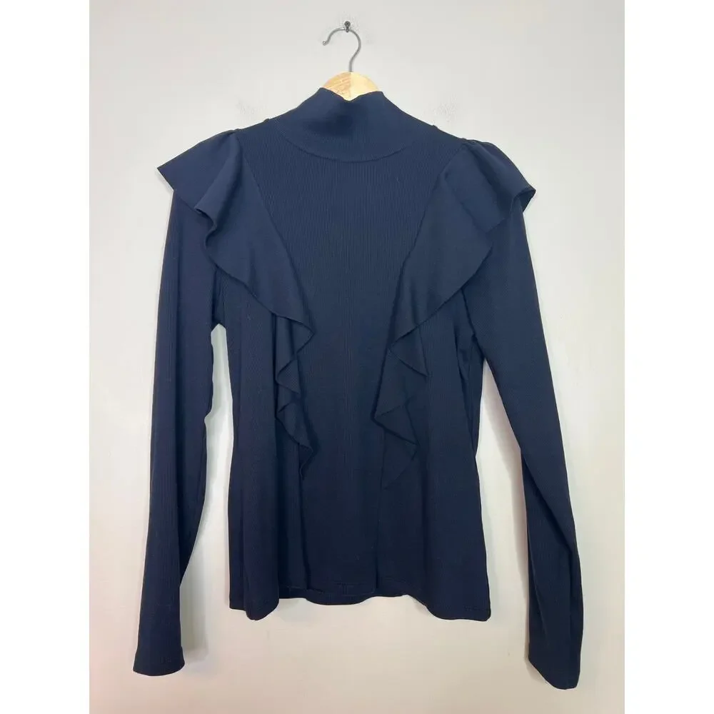 NEW Veronica Beard Freida Ruffles Turtle Neck Ribbed Long Sleeve Top Navy Blue - Picture 2 of 7